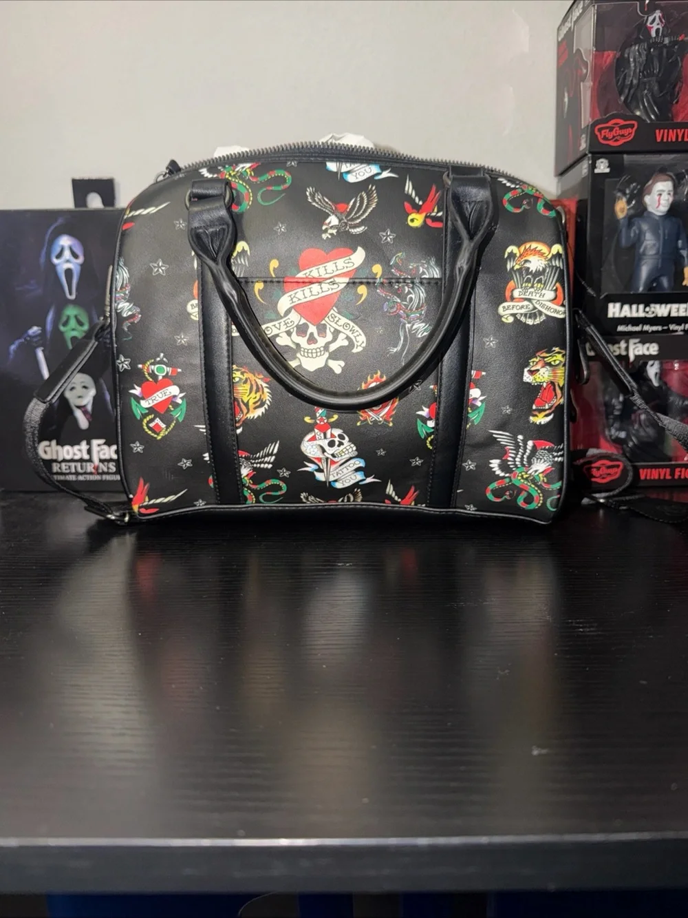 Black Tattoo-Print Duffel Bag - Travel Weekender